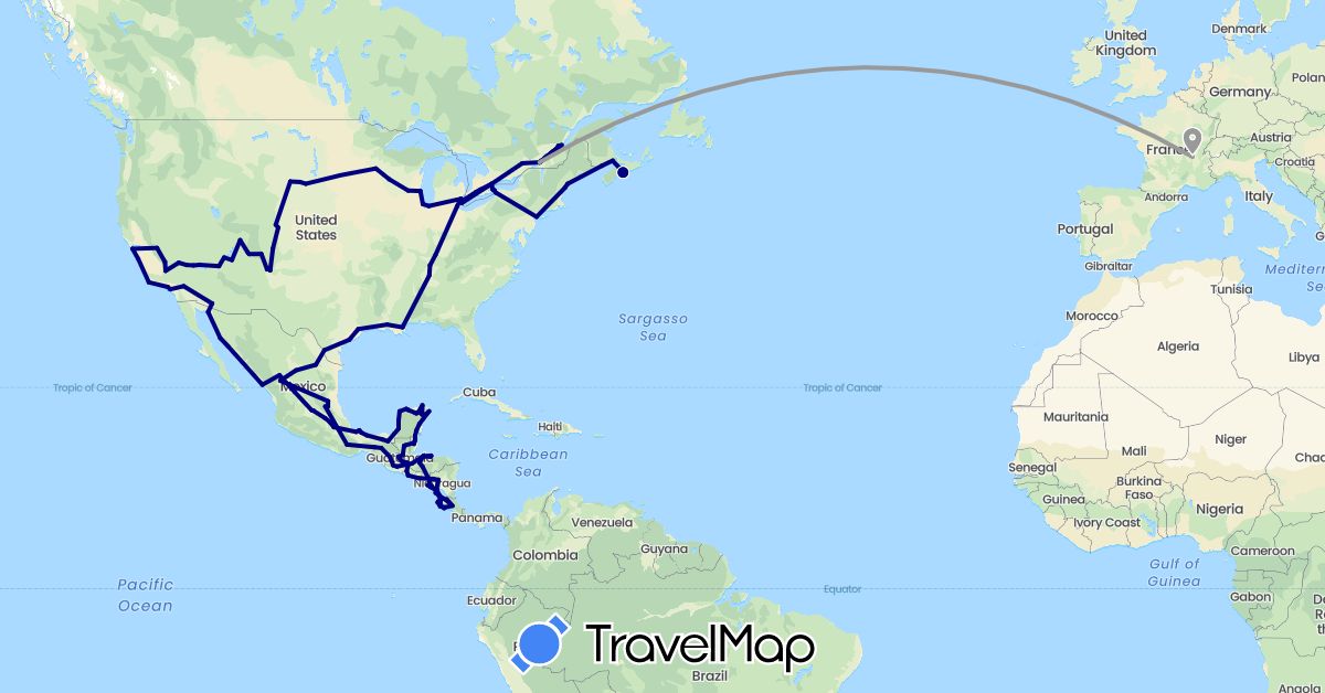TravelMap itinerary: driving, plane in Belize, Canada, Costa Rica, France, Guatemala, Honduras, Mexico, Nicaragua, El Salvador, United States (Europe, North America)